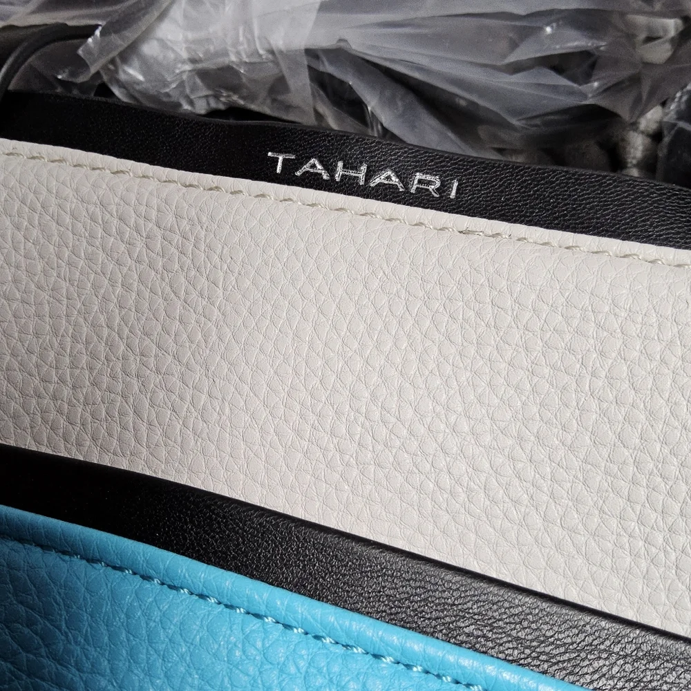 Tahari Bette Satchel Vegan Leather Crossbody Bag Cream with blue NWT